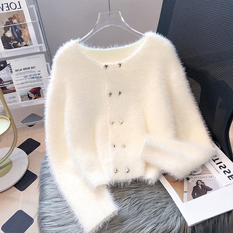 Γυναικεία πλεκτή ζακέτα από Mink Velvet, κοντής γραμμής, διπλό κουμπί, στρογγυλός λαιμός, Chanel έμπνευση, φθινοπωρινές-χειμερινές 2025