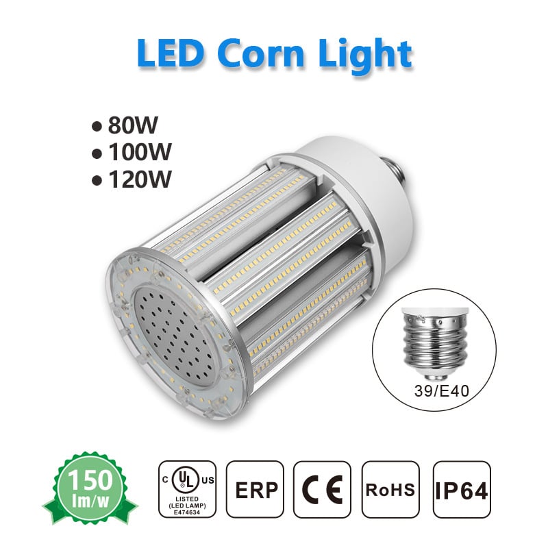 120W LED kukoricás lámpa, E40 csavaralj, kültéri magas oszlopos raktárvilágítás, IP64, széles feszültségtartomány, kertlámpa, UL Listed