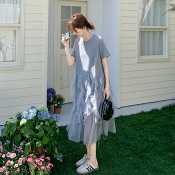Γυναικείο φόρεμα με mesh και patchwork, χαλαρό casual φόρεμα τύπου T‑shirt, γαλλικό στυλ