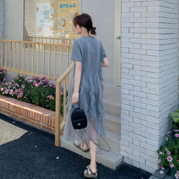 Γυναικείο φόρεμα με mesh και patchwork, χαλαρό casual φόρεμα τύπου T‑shirt, γαλλικό στυλ