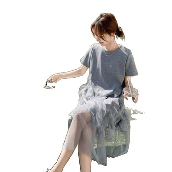 Γυναικείο φόρεμα με mesh και patchwork, χαλαρό casual φόρεμα τύπου T‑shirt, γαλλικό στυλ
