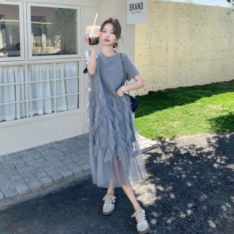 Γυναικείο φόρεμα με mesh και patchwork, χαλαρό casual φόρεμα τύπου T‑shirt, γαλλικό στυλ