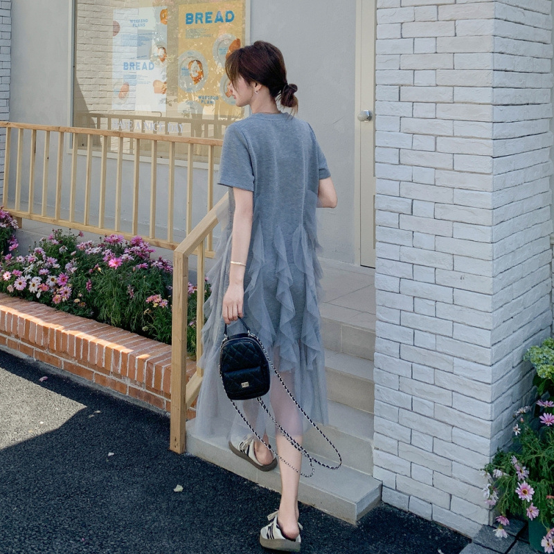 Γυναικείο φόρεμα με mesh και patchwork, χαλαρό casual φόρεμα τύπου T‑shirt, γαλλικό στυλ