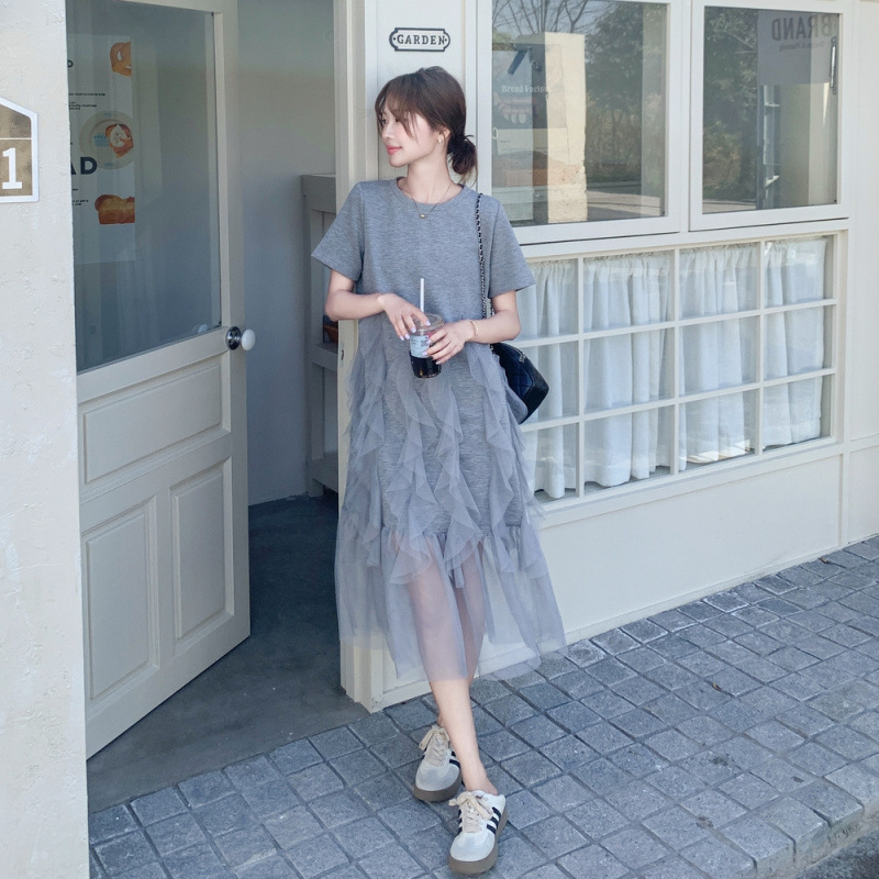 Γυναικείο φόρεμα με mesh και patchwork, χαλαρό casual φόρεμα τύπου T‑shirt, γαλλικό στυλ
