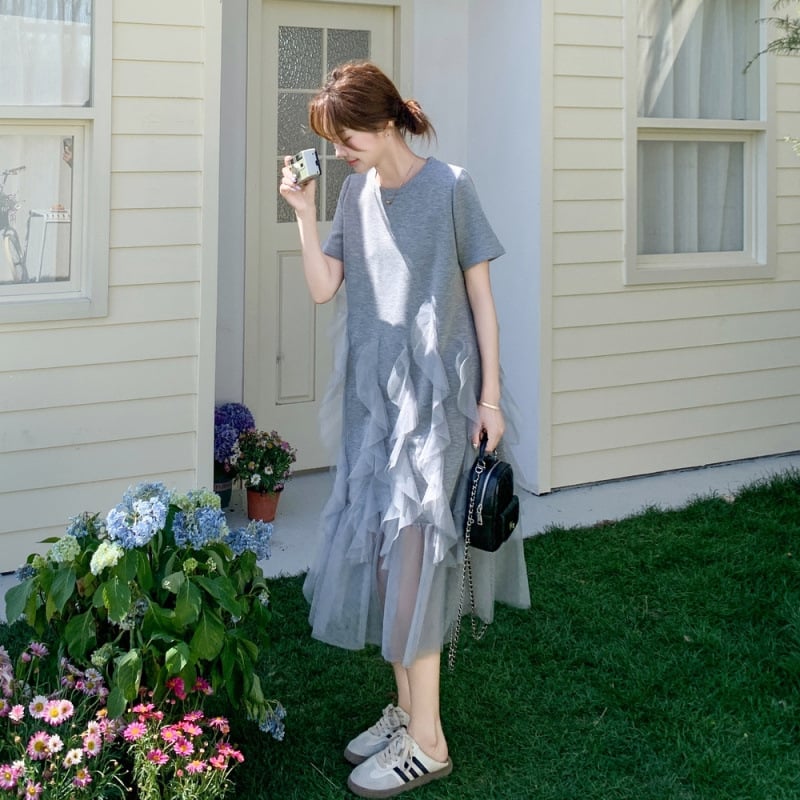 Γυναικείο φόρεμα με mesh και patchwork, χαλαρό casual φόρεμα τύπου T‑shirt, γαλλικό στυλ