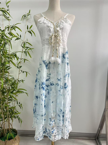 Φόρεμα tie-dye με τιράντες, μπλε μοτίβο, Α-γραμμή, V-λαιμό, χωρίς μανίκια, συνδυασμός βαμβάκι-λινό
