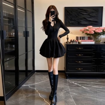 Γαλλικού στυλ Hepburn-inspired μαύρο φόρεμα για γυναίκες, χειμώνας 2026 νέο μοντέλο, υψηλής ποιότητας και κομψό, κατάλληλο ως βασική στρώση, κοντό φόρεμα για την αρχή της άνοιξης