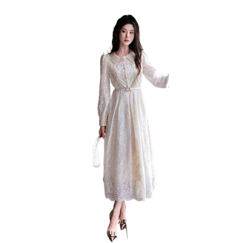 Βαρύ φόρεμα με χάντρες, αίσθηση υψηλής ποιότητας, στήριξη στη μέση, γιακά Peter Pan, κομψό μακρύ φόρεμα σε γαλλικό στιλ για φθινοπωρο-χειμώνα, με ζώνη