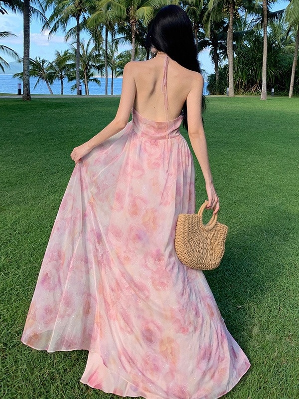 Λαμπερό φόρεμα με 3D φλοράλ σχέδιο και halter neck, ιδανικό για καλοκαιρινές διακοπές στην παραλία, midi γραμμή, Α-γραμμή.