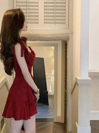 Κόκκινο φόρεμα με τιράντες για γυναίκες – καλοκαίρι 2025, vintage/retro στυλ, λεπτή μέση, κοντό μήκος, πόλο γιακά, μανίκια 3/4
