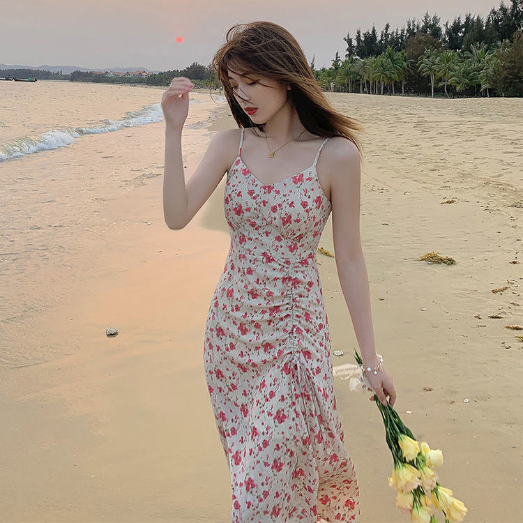 Φόρεμα midi φλοράλ chiffon, γαλλικού ύφους, V-λαιμό, ελαστική μέση, Α-γραμμή, κοντά φουσκωτά μανίκια, με σχίσιμο πλάι