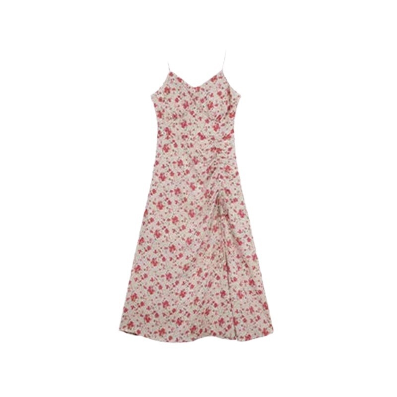Φόρεμα midi φλοράλ chiffon, γαλλικού ύφους, V-λαιμό, ελαστική μέση, Α-γραμμή, κοντά φουσκωτά μανίκια, με σχίσιμο πλάι