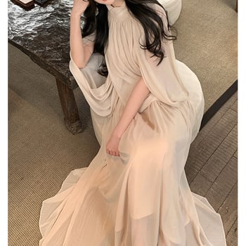 Γυναικείο μακρύ φόρεμα από chiffon με πιεσμένη κάπα – κομψός σχεδιασμός, απαλό φανταστικό αίσθημα, Α-γραμμή