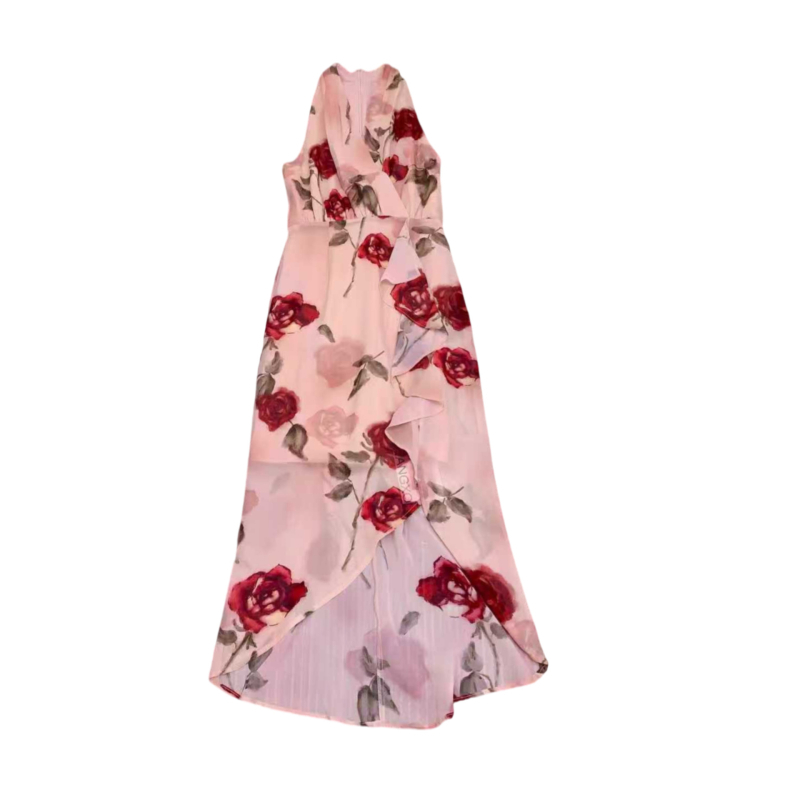 Φόρεμα από chiffon χωρίς μανίκια με print ροζ τριαντάφυλλα, V-λαιμόκοψη, ζωνάρι στη μέση και πλευρικό σκίσιμο