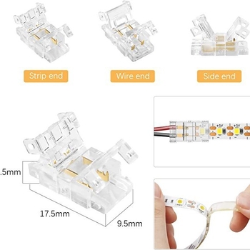 Conector transparent, cu 2 pini, fără sudură, pentru bandă LED monocromă de înaltă densitate 5050/2835 — conectare rapidă