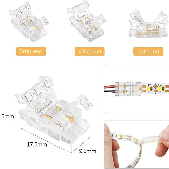 Conector transparent, cu 2 pini, fără sudură, pentru bandă LED monocromă de înaltă densitate 5050/2835 — conectare rapidă