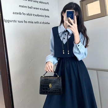 Plus-size γαλλικό vintage φόρεμα, μακρύ φόρεμα γραμμής Α με polo γιακά, αντίθεση χρωμάτων, ψεύτικο δύο μέρη, ζώνη μέσης για σμιλεμένη σιλουέτα, άνοιξη-καλοκαίρι
