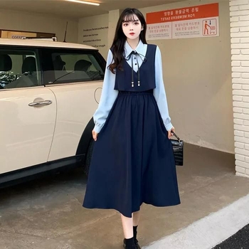 Plus-size γαλλικό vintage φόρεμα, μακρύ φόρεμα γραμμής Α με polo γιακά, αντίθεση χρωμάτων, ψεύτικο δύο μέρη, ζώνη μέσης για σμιλεμένη σιλουέτα, άνοιξη-καλοκαίρι