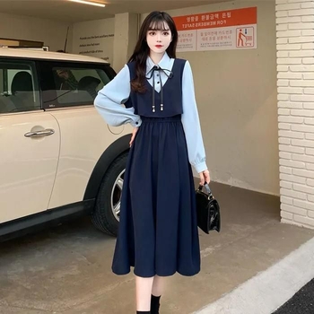 Plus-size γαλλικό vintage φόρεμα, μακρύ φόρεμα γραμμής Α με polo γιακά, αντίθεση χρωμάτων, ψεύτικο δύο μέρη, ζώνη μέσης για σμιλεμένη σιλουέτα, άνοιξη-καλοκαίρι