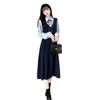 Plus-size γαλλικό vintage φόρεμα, μακρύ φόρεμα γραμμής Α με polo γιακά, αντίθεση χρωμάτων, ψεύτικο δύο μέρη, ζώνη μέσης για σμιλεμένη σιλουέτα, άνοιξη-καλοκαίρι