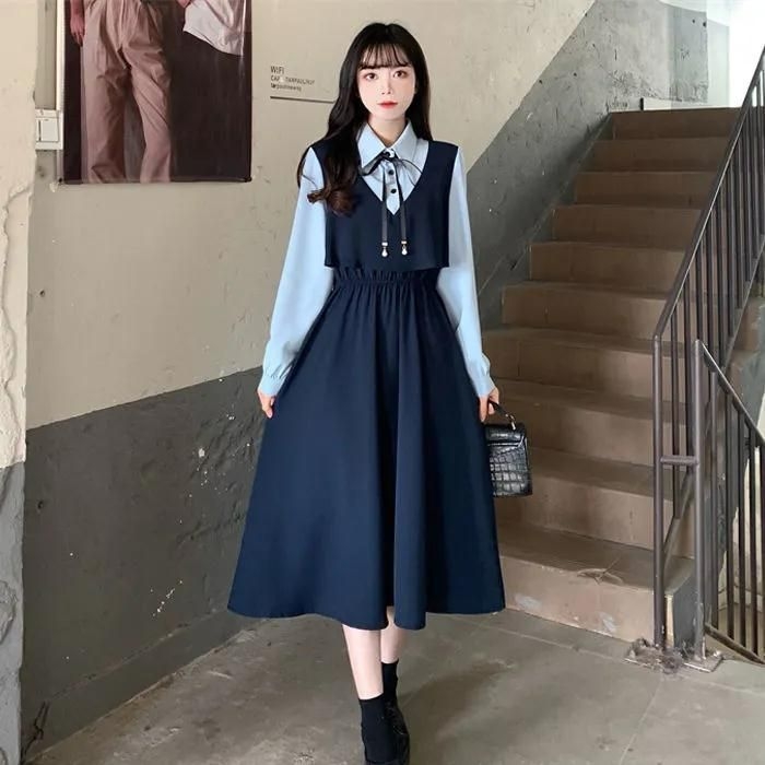 Plus-size γαλλικό vintage φόρεμα, μακρύ φόρεμα γραμμής Α με polo γιακά, αντίθεση χρωμάτων, ψεύτικο δύο μέρη, ζώνη μέσης για σμιλεμένη σιλουέτα, άνοιξη-καλοκαίρι