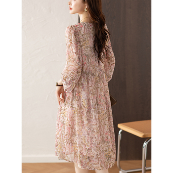 Φόρεμα chiffon με Α-γραμμή, V-λαιμό, μανίκια φανάρι, εκτύπωση, μακριά φούστα, γυναικεία μόδα 2025 νέα συλλογή