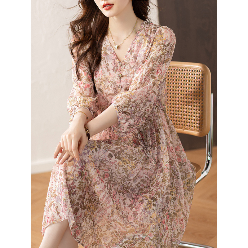 Φόρεμα chiffon με Α-γραμμή, V-λαιμό, μανίκια φανάρι, εκτύπωση, μακριά φούστα, γυναικεία μόδα 2025 νέα συλλογή