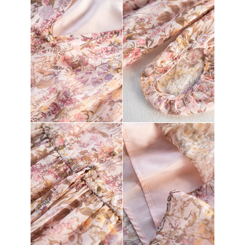 Φόρεμα chiffon με Α-γραμμή, V-λαιμό, μανίκια φανάρι, εκτύπωση, μακριά φούστα, γυναικεία μόδα 2025 νέα συλλογή