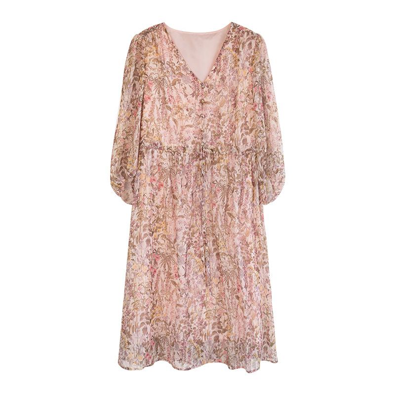 Φόρεμα chiffon με Α-γραμμή, V-λαιμό, μανίκια φανάρι, εκτύπωση, μακριά φούστα, γυναικεία μόδα 2025 νέα συλλογή