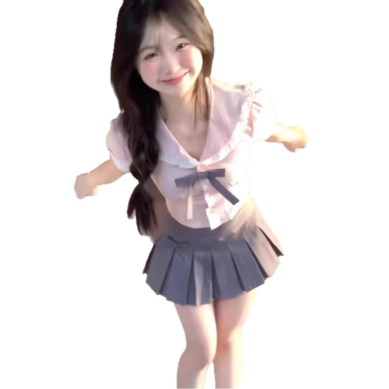 Κολεγιακού στυλ ροζ δίπτυχο σετ με πουκάμισο και φούστα με πιέτες, καλοκαιρινή JK στολή για μικρόσωμες