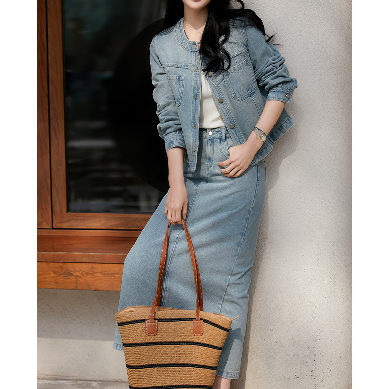 Σετ τζιν σακάκι (κοντό) και μακριά φούστα για άνοιξη και φθινόπωρο