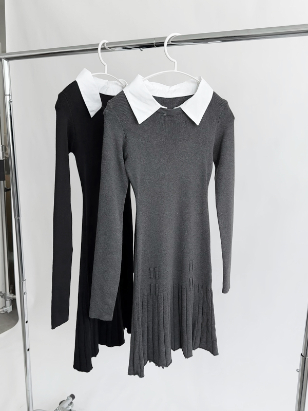 Dorothy Clothing Κορεατικό στυλ εφαρμοστό φόρεμα με γιακά που θυμίζει πουκάμισο, λεπτομέρειες ραφής και πιέτες