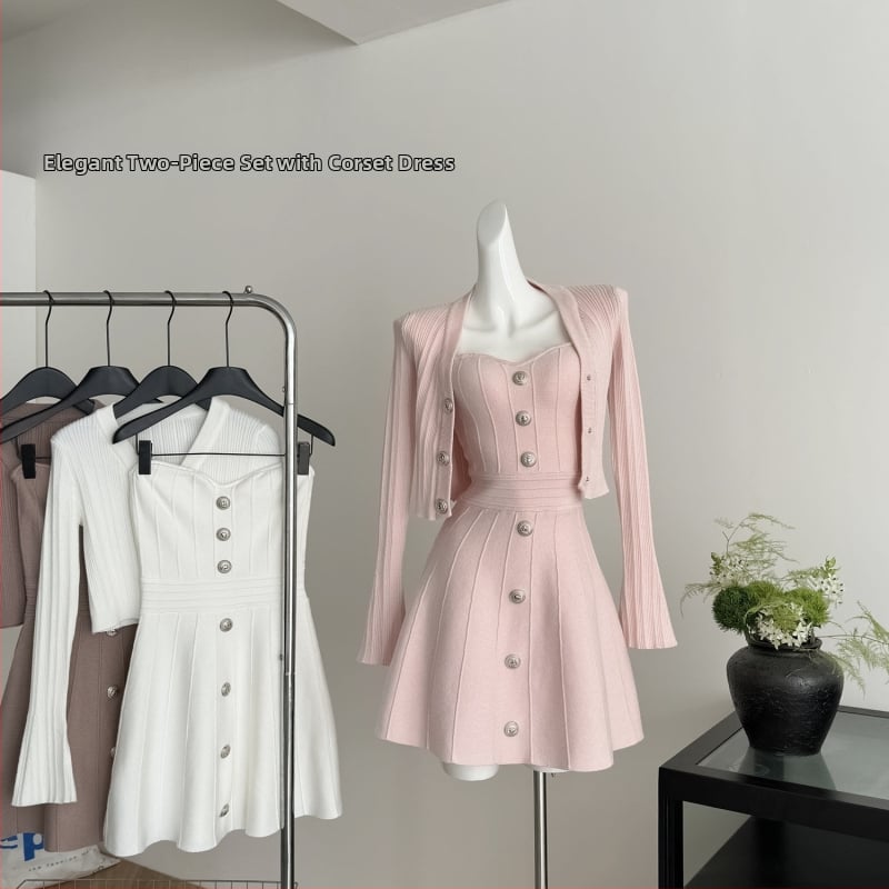 Temple Mai Xiaoxiangfeng cardigan so strieborným zapínaním a šaty s topom so strieborným zapínaním, elegantný dvojdielny set pre ženy