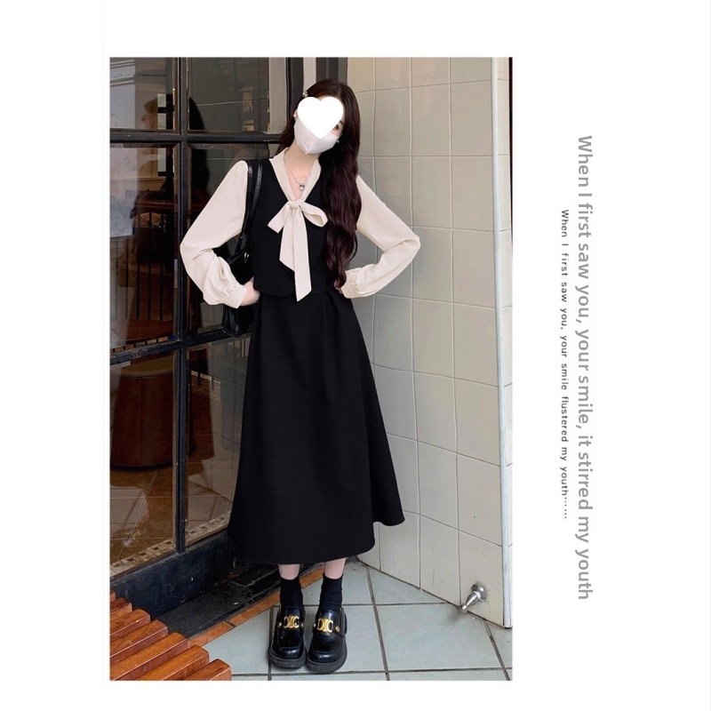 Šnurovacie šaty s mašľou, dojem dvojdielneho modelu pre ženy – jar a jeseň, plus size, elegantný francúzsky šarm, zvýraznený pás, midi dĺžka