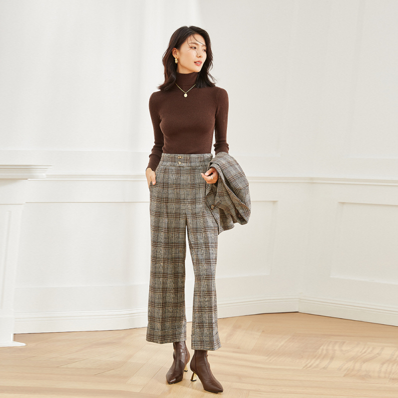 Νέο σετ κοστουμιού από μαλλί worsted με καρό, casual στυλ, wide-leg παντελόνια, γυναικείο τοπ 12921, παντελόνι 12922