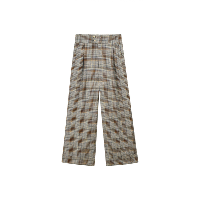 Νέο σετ κοστουμιού από μαλλί worsted με καρό, casual στυλ, wide-leg παντελόνια, γυναικείο τοπ 12921, παντελόνι 12922