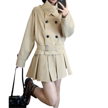 Φθινοπωρινό σετ μόδας 2026: trench coat με διπλές σειρές κουμπιών και φούστα πλισέ σε γραμμή Α για γυναίκες