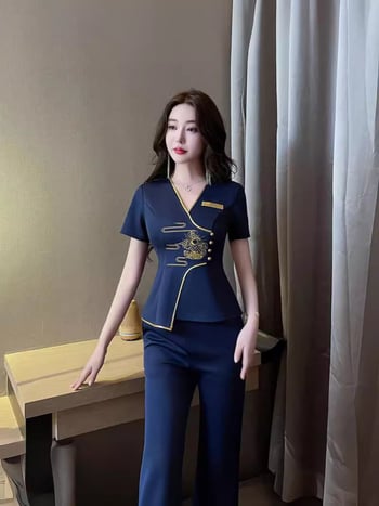 Set uniformă pentru femei pentru spa și masaj la picioare – top cu mâneci scurte, decolteu în V și pantaloni lungi, poliester cu uscare rapidă, model 8517