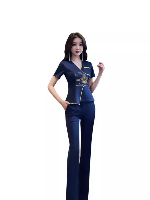 Set uniformă pentru femei pentru spa și masaj la picioare – top cu mâneci scurte, decolteu în V și pantaloni lungi, poliester cu uscare rapidă, model 8517