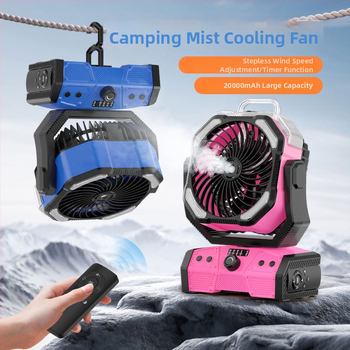 Ventilator de camping în aer liber cu iluminare și ceață, baterie cu mare capacitate, autonomie lungă, telecomandă