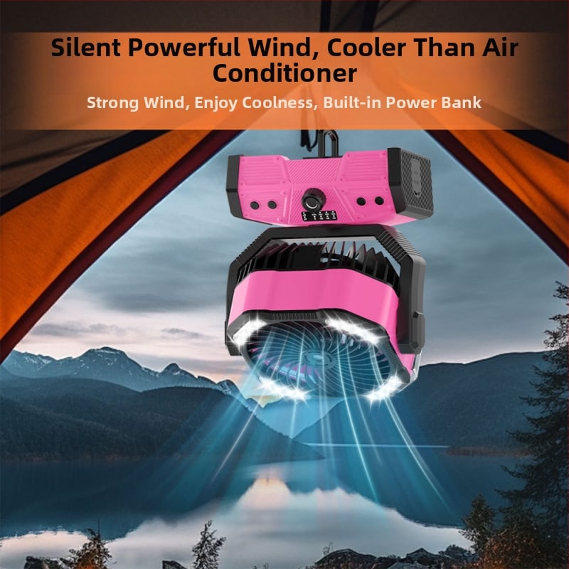 Ventilator de camping în aer liber cu iluminare și ceață, baterie cu mare capacitate, autonomie lungă, telecomandă