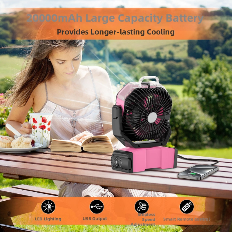Ventilator de camping în aer liber cu iluminare și ceață, baterie cu mare capacitate, autonomie lungă, telecomandă