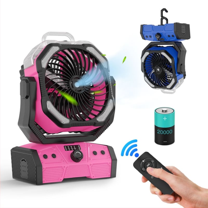 Ventilator de camping în aer liber cu iluminare și ceață, baterie cu mare capacitate, autonomie lungă, telecomandă