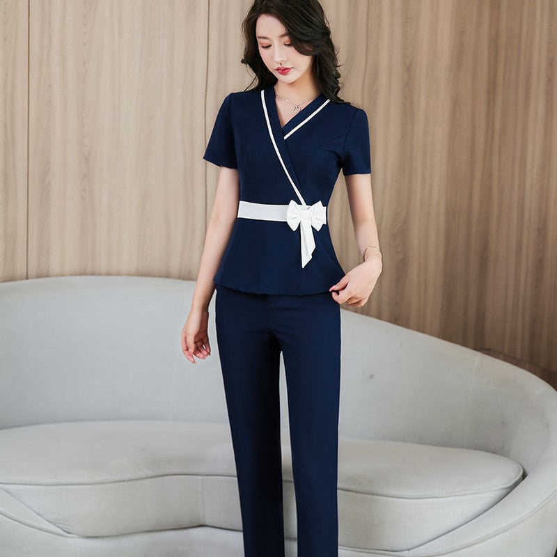 Uniformă de lucru feminin în stil chinezesc pentru tehniciană de curățare a urechilor, set pentru pedicură și baie de picioare, top cu mânecă scurtă și pantaloni lungi, 237