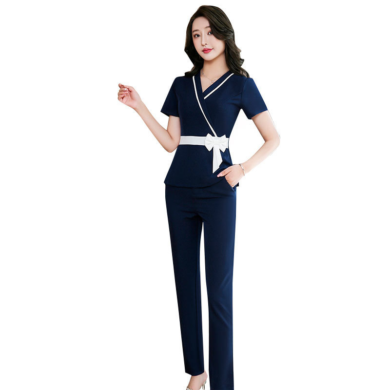 Uniformă de lucru feminin în stil chinezesc pentru tehniciană de curățare a urechilor, set pentru pedicură și baie de picioare, top cu mânecă scurtă și pantaloni lungi, 237