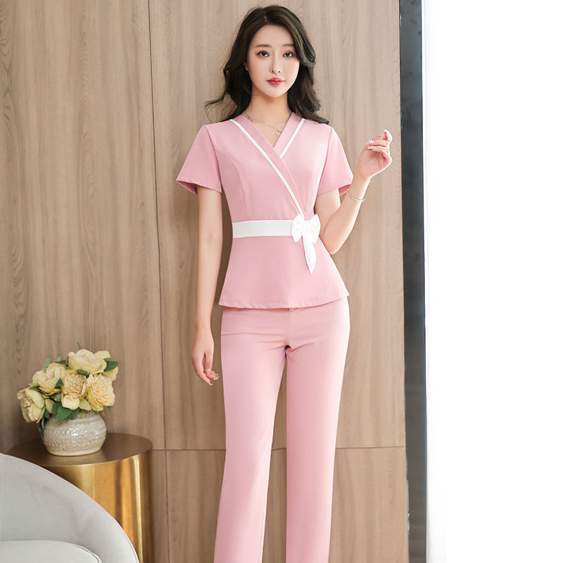 Uniformă de lucru feminin în stil chinezesc pentru tehniciană de curățare a urechilor, set pentru pedicură și baie de picioare, top cu mânecă scurtă și pantaloni lungi, 237