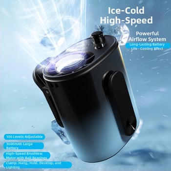 2026 nový model bezuhlíkového ventilátora s klipom a stolnou konštrukciou, 5 lopatiek, USB nabíjateľný, jasné LED svetlo, vstavaná batéria (2000–4000 mAh)