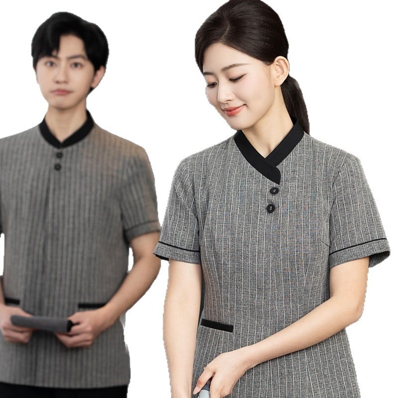 JHWY Set uniformă de curățenie pentru hotel, din in ușor, top și pantaloni, mâneci scurte, unisex, vară