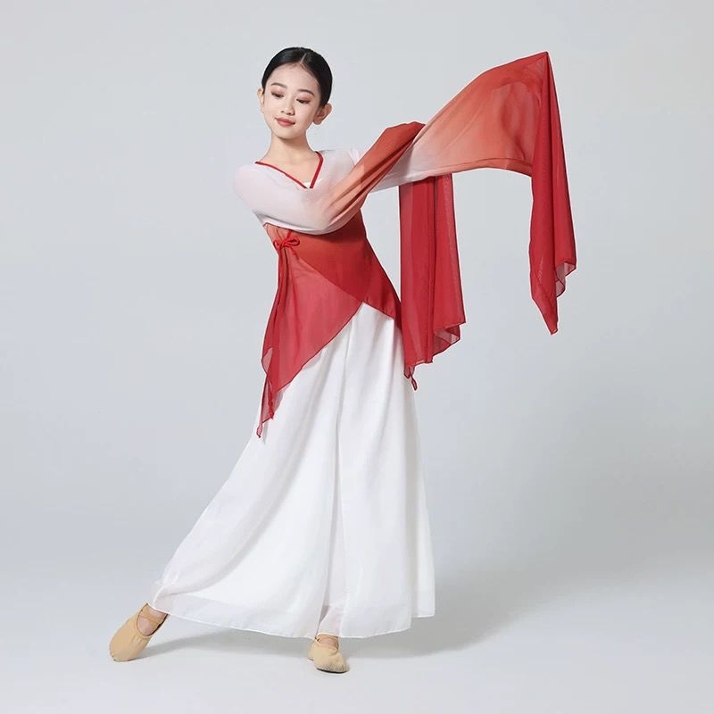 Top de dans chinezesc pentru fete, cu mâneci din gauză și închidere cu șnur, pentru practică