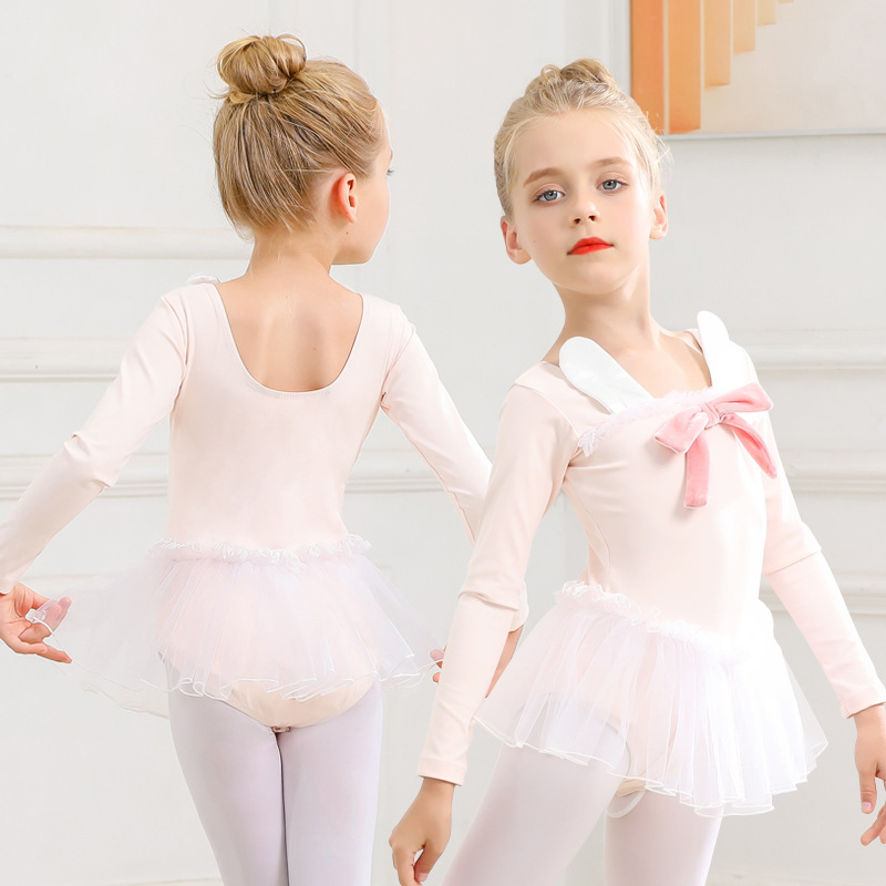 Beigeya costum de balet pentru fete, toamnă-iarna, fustă tutu cu iepuraș, mâneci lungi și scurte, funda, îmbrăcăminte de antrenament